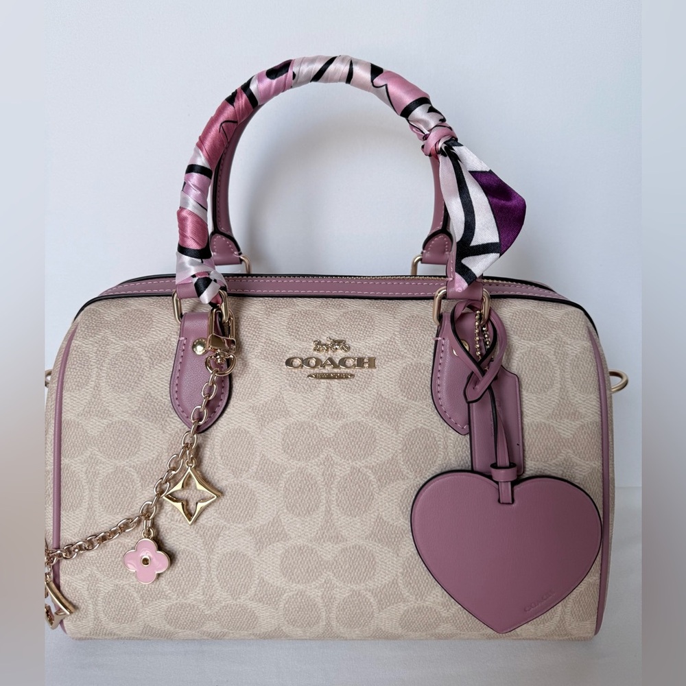 NWT Coach Rowan Satchel Bag heart charm In peony pink/Gold hardware signature